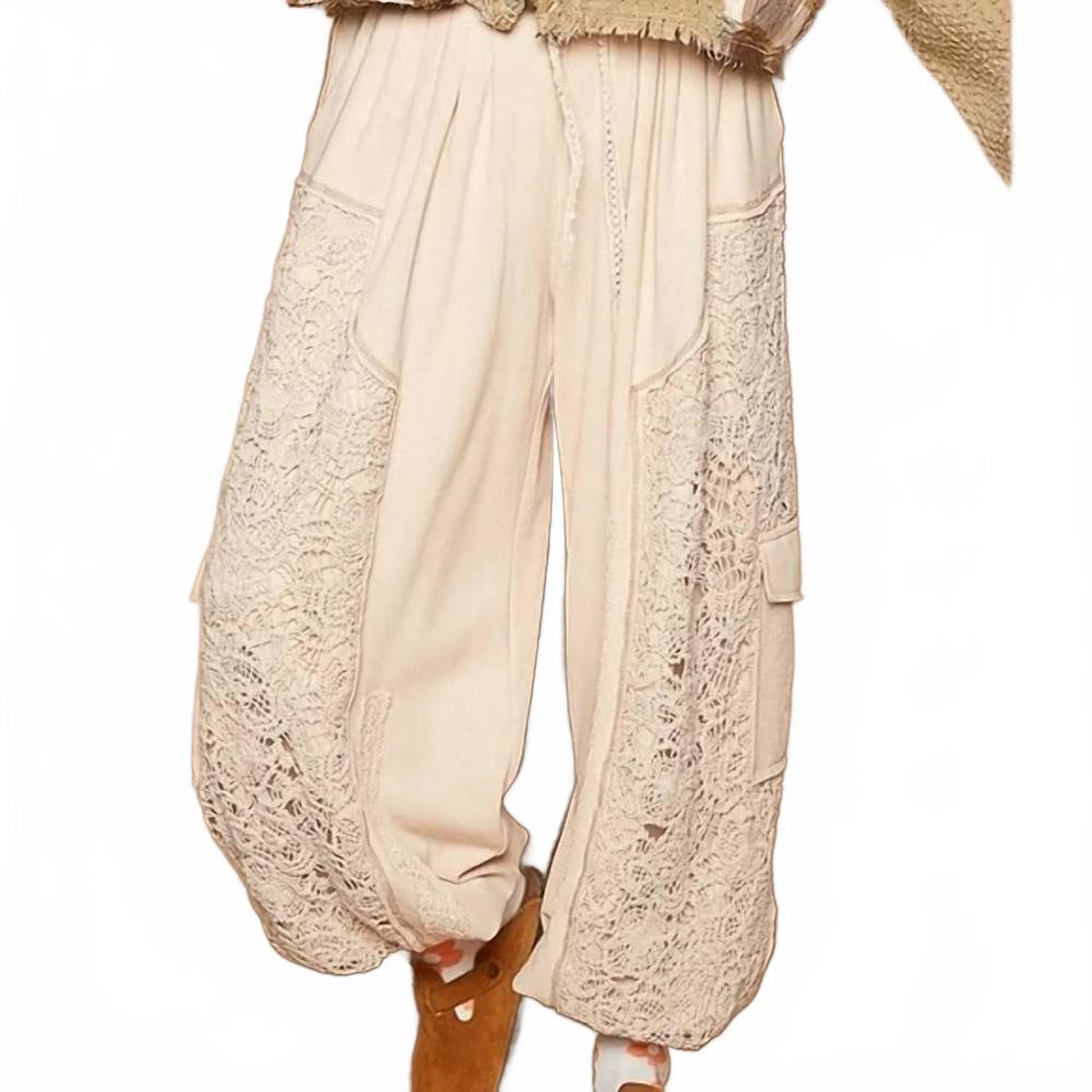 NEW POL crochet mix solid pattern pants in almond